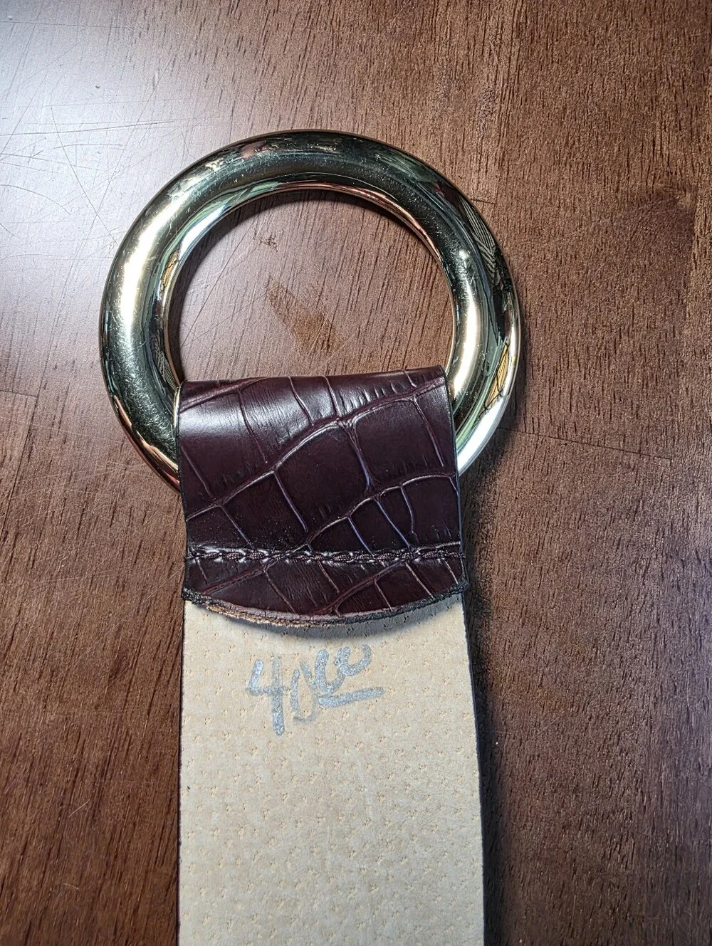 Genuine Leather Croc Embossed O-Ring Belt Gold Round Buckle Dark Brown L
